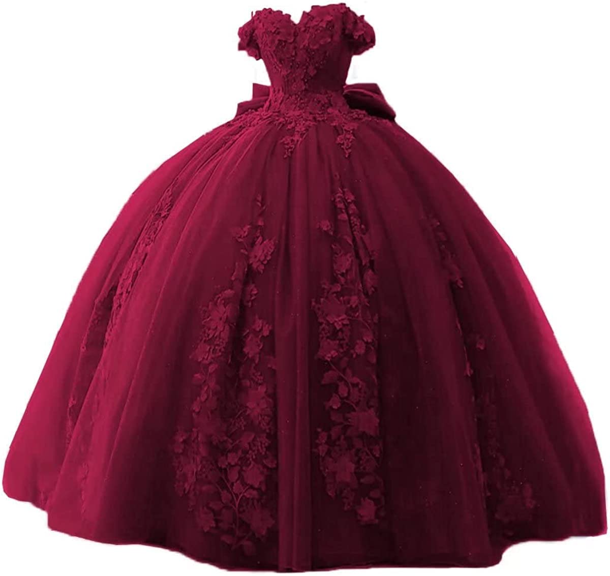 Fuomomo Women's Burgundy Off Shoulder Quinceanera Dresses Puffy Prom Dresses With 3D Floral Ball Gown Sweet 16 Dresses Lace Up Back