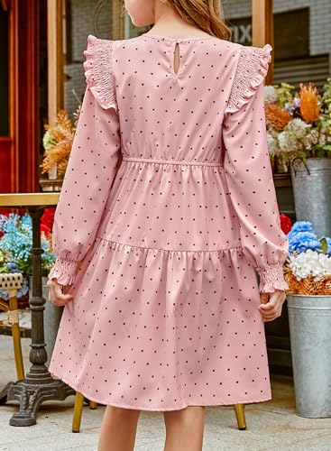 Girls Vintage Puff Long Sleeve Ruffle Dresses with Two Side Pockets for 6-13 Years, Fall/Spring/Summer2