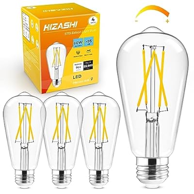 Hizashi LED Edison Bulbs, 6W, Equivalent 60W, Dimmable E26 LED Bulb, 3000K Soft White, 95+ CRI 700 Lumens, ST19 Vintage Light Bulbs, Clear Glass, Pack of 4