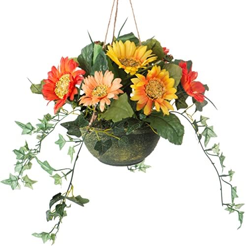 Ivydale Artificial Hanging Silk Flowers in Basket, Gerbera Daisy Sunflower Hanging Planter with Coconut Lining Basket for Home Decoration Outdoor Indoor Garden Yard (Orange and Yellow)