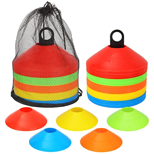 MIVIDE 100stk. Markierungshütchen, Hütchen Fussball Training, Mit Halterung und Netzbeutel, Sport Hütchen Set für Fussball, Hockey, Eislaufen, Handball (5 Farben)
