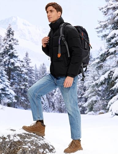 Image of PEHMEA Men's Puffer Jacket Stand Collar Zipper Coat with Pockets Retro Bubble Outwear for Winter