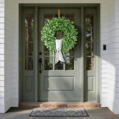Image of 26 inch Artificial Eucalyptus Wreath with Sash for Front Door Decor(Green) | Faux Large Greenery, UV-resistant, for Porch /Window /Wall /Farmhouse /Home /Outdoor /Spring /Summer /All Seasons Decor