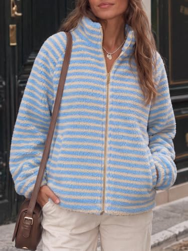 Fisoew Womens Fleece Jacket Zip Up Fuzzy Oversized Sherpa Striped Coat - image 3
