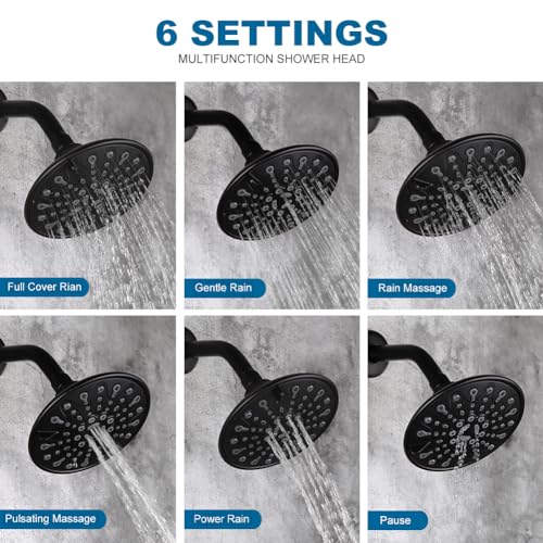 POP SANITARYWARE Matte Black Shower Faucet Set, Bathroom Rain Mixer Shower System, 6 Inch Shower Head Set, Wall Mounted Shower Fixtures, Single Handle Shower Trim Kit with Rough-in Valve