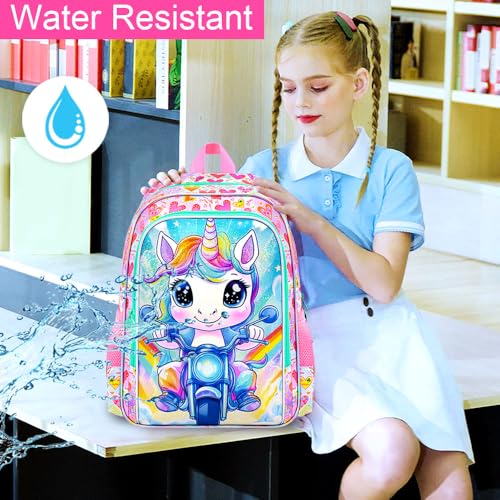 Image of HPJGD 3PCS Unicorn Backpack for Girls, Kids Biker Bookbag Set with Lunch Box, Cute Water Resistant Elementary School Bag for Preschool Toddler - Pink Unicorn Motorcycle