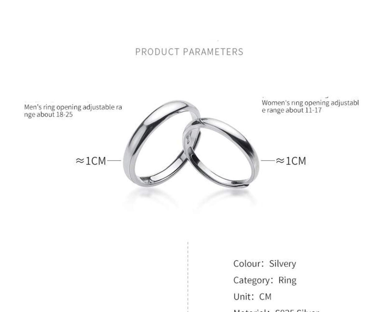 S925 Anillo de Pareja de Plata, Anillo de Apertura Simple Y Suave para Hombres Y Mujeres, Anillo de Moda para el Día de San ValentínUn par, Apertura regulable