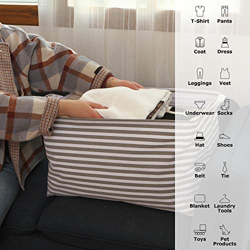 Sea Team Collapsible Extra Large Canvas Fabric Storage Basket With Handles, Rectangle Waterproof Storage Bin, Box, Cube, Foldable Shelf Basket, Closet Organizer, 22 X 15 X 13 Inches, Grey Stripe #TOP3