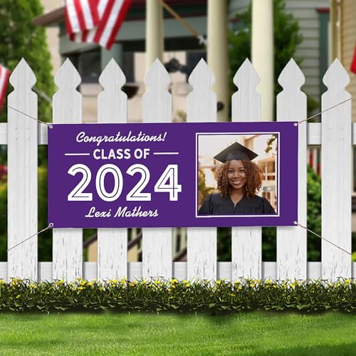 Personalization Universe Graduating Class of.. Customizable Graduation Banner 2024 - Personalized Indoor/Outdoor Vinyl Sign with Photo, Name, Year - 20\"x48\" with Metal Grommets, 15 Colors - Thumbnail 2