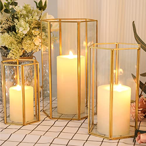 Fiahosey GLASS LANTERNS Hurricane Candle Holder, Set Of 3 Large Clear Hexagon Lanterns Pillar Candle Lantern With Gold Metal Frame Wedding Centerpiece Table Decor Home Decorations thumb #4