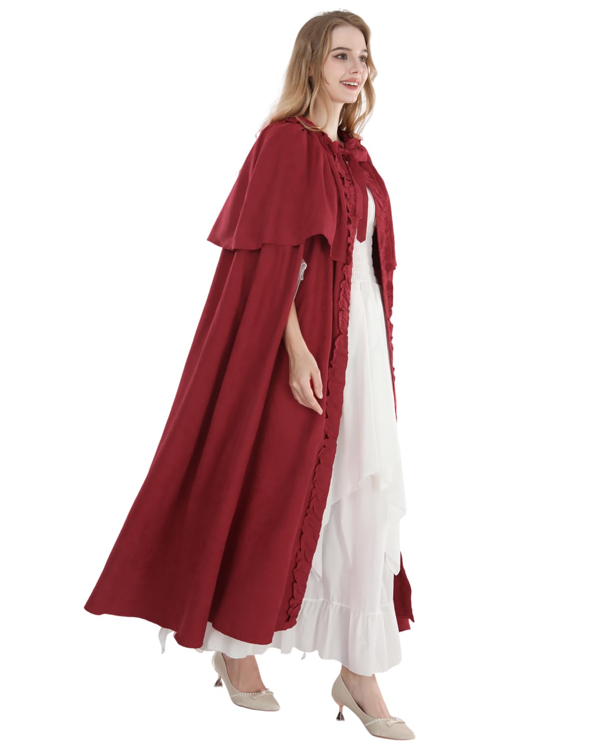 Fiamll Mittelalter Umhang Damen Kapuze Mantel mit Manschette Einfarbige Trenchcoat Renaissance Vampir Umhang Gothic Cosplay Cape Halloween Kostüm