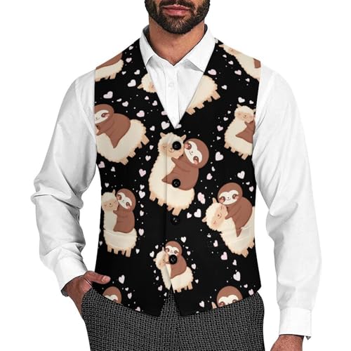 Alpaca And Sloth Mens Suit Vests V-Neck Casual Vest Dress Formal Tuxedo Wedding Waistcoat