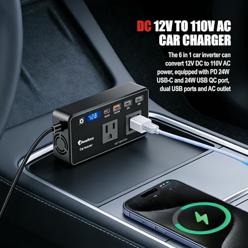 AWELTEC 200W Power Inverter for Car – DC 12V to 110V AC Converter with LED Display & 4 USB Ports (24W PD USB-C) – Compact Vehicle Adapter for Laptop, Tablet, Phone – Road Trip Essential