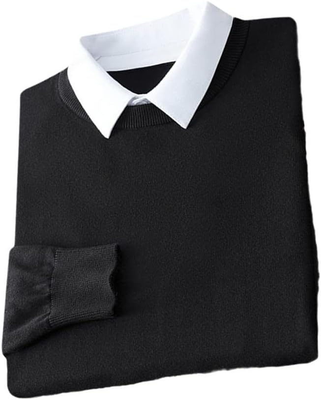 KEHAIOO Men Fake Two-Piece Pullover Shirt Collar Sweater Oversized Gray Black Faux Collar Knitted Long Sleeve Top