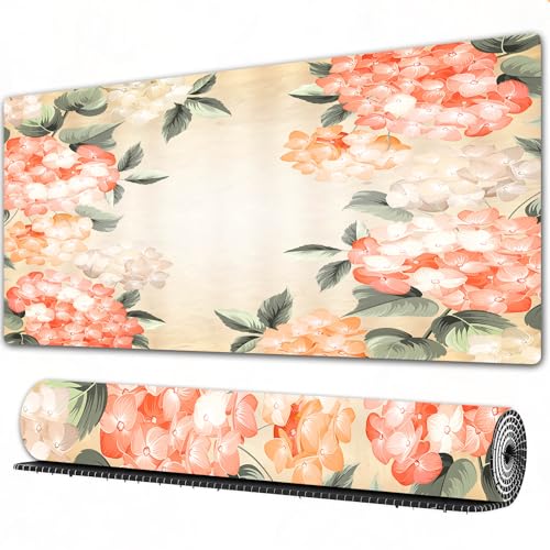 FEHWI Gaming Mouse Pad Extra Large Keyboard Mouse Mat Desk Pad Soft Smooth Surface and Anti-Slip Rubber,Flowers, blooming hydrangea flowers leaves bouquet vintage style spring nature,16x35.5 in