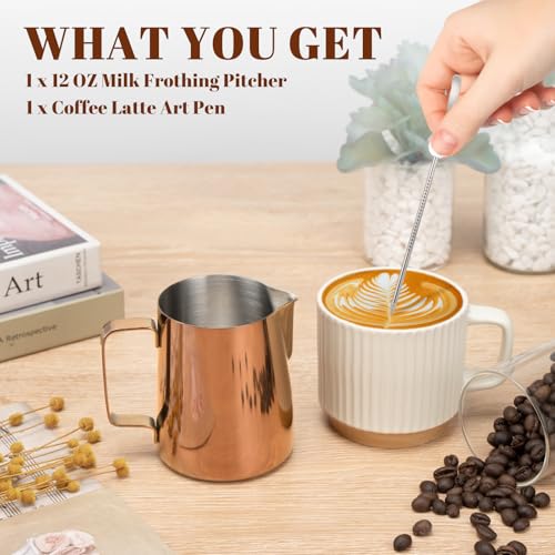 Image of Amrules Milk Frothing Pitcher 12oz Frother Cup Barista Tools, Rose Gold