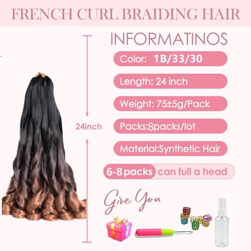 French Curl Braiding Hair 24 Inch 8 Packs Pre Stretched Loose Wave Bouncy Braiding Hair Spanish Curly Ends Synthetic Hair Extensions for Braiding(1B/33/30) - Image 2