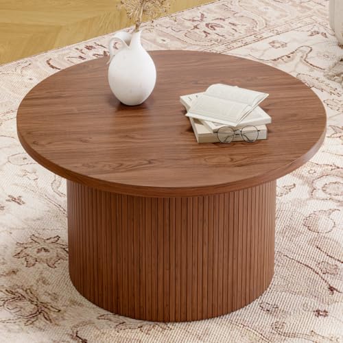 Image of Wooden Coffee Table for Living Room | Modern Fluted Drum Center Table with Wood Grain Finish | Walnut Brown
