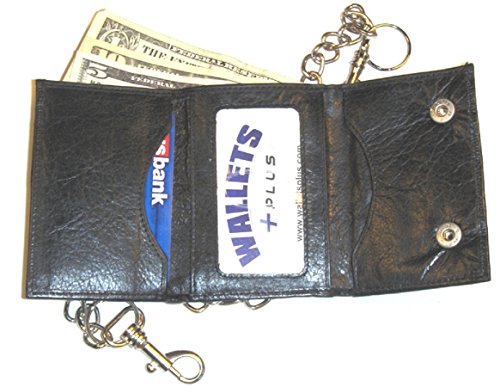 4 1/4 inch Leather Trifold Biker Wallet with Chain - Black2
