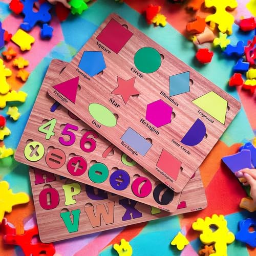 Image of Fiddlys Wooden Educational Jigsaw Puzzles for Toddlers & Preschoolers, Double Layered Wooden Puzzles with Bright Front & Back Print Alphabet Shapes and Numbers Learning, Toy (Alphabet Number Shapes)
