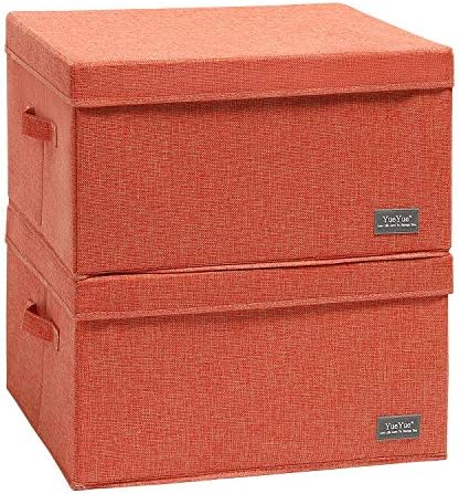 YueYue Foldable Storage Large Clothes Box Fabric，Box Fabric Bin Cube Basket With Lid，Collapsible Boxes Fabric Storage Bins Organizer Cubes Containers With Covers (17.7"/13.8"/9.8") (Orange) 2 Pack