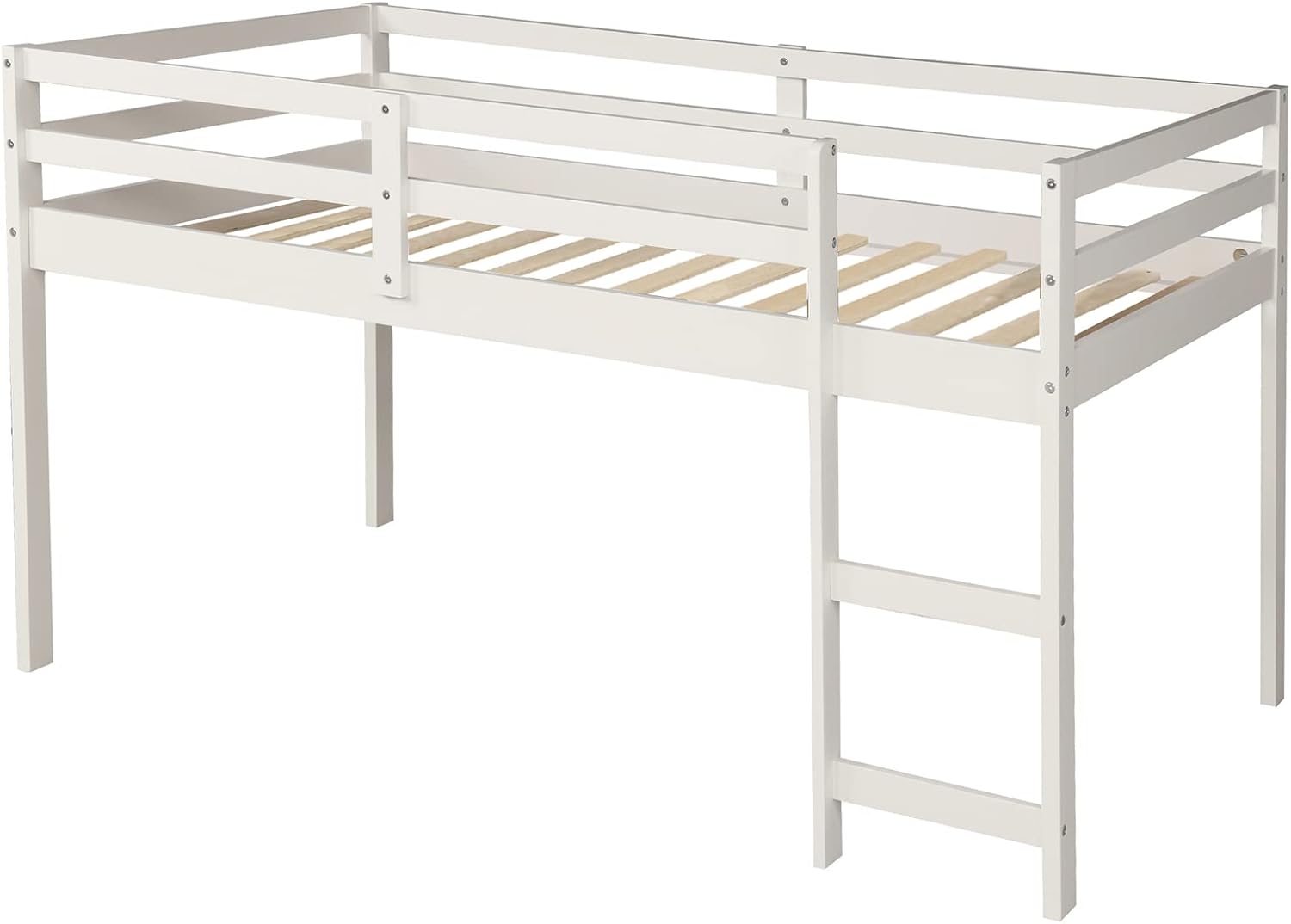 Low Loft Bed, Twin Wood Bed Frame with Cabinet and Rolling Portable Study Desk, House Bedroom Furniture (White)
