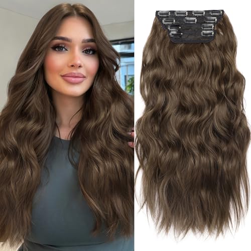 Image of Wavy Thick Clip in Hair Extensions 20 inch Medium Brown | 4 Pieces Clip in Extensions,Fiber Double Weft Hairpieces,Natural Volume,Beach Wave Long Synthetic Hairpieces for Women