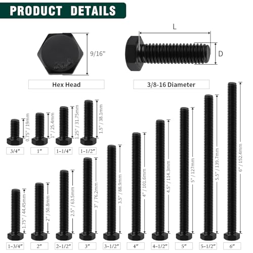 Image of 3 /8-16 x 4 Hex Head Bolts Black, 304 Stainless Steel 18-8 Hexagon Head Screws Bolts, Black Oxide Finish, Allen Hex Drive, 8 PCS