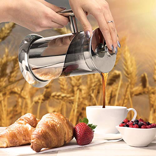 French Press Coffee Maker - BEST Presses Makers - 34 Oz, 8 Cup - The Only Encapsulated Lid Stainless Steel 304 NOT Plastic - 4 Level Filtration System & Double German Glass - Thumbnail 3