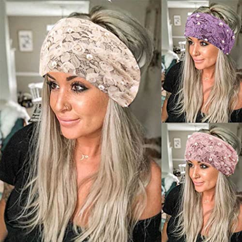 CAKURE Pearl Headbands Wide Turban Lace Hairbands Pink Head Wrap Elastic Head Bands Hair Accessories for Women and Girls Pack of 3
