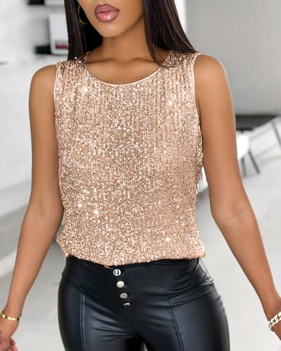 Womens Round Neck Sequin Glitter Sleeveless Tank Top Slim Fit Casual Shirt Office Party Club Streetwear