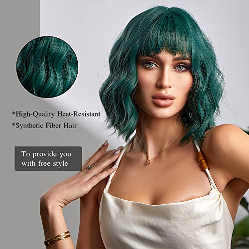 OUFEI Green Bob Wigs for Women Short Wavy wig Natural Synthetic Hair Heat Resistant Wigs for Daily Party Cosplay Wear-13 Inches - Image 3