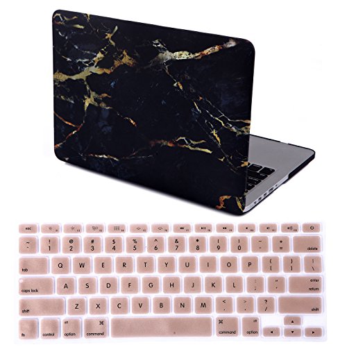 HDE Plastic Hard Shell Case and Keyboard Cover for MacBook Pro 13, Black and Gold Marble
