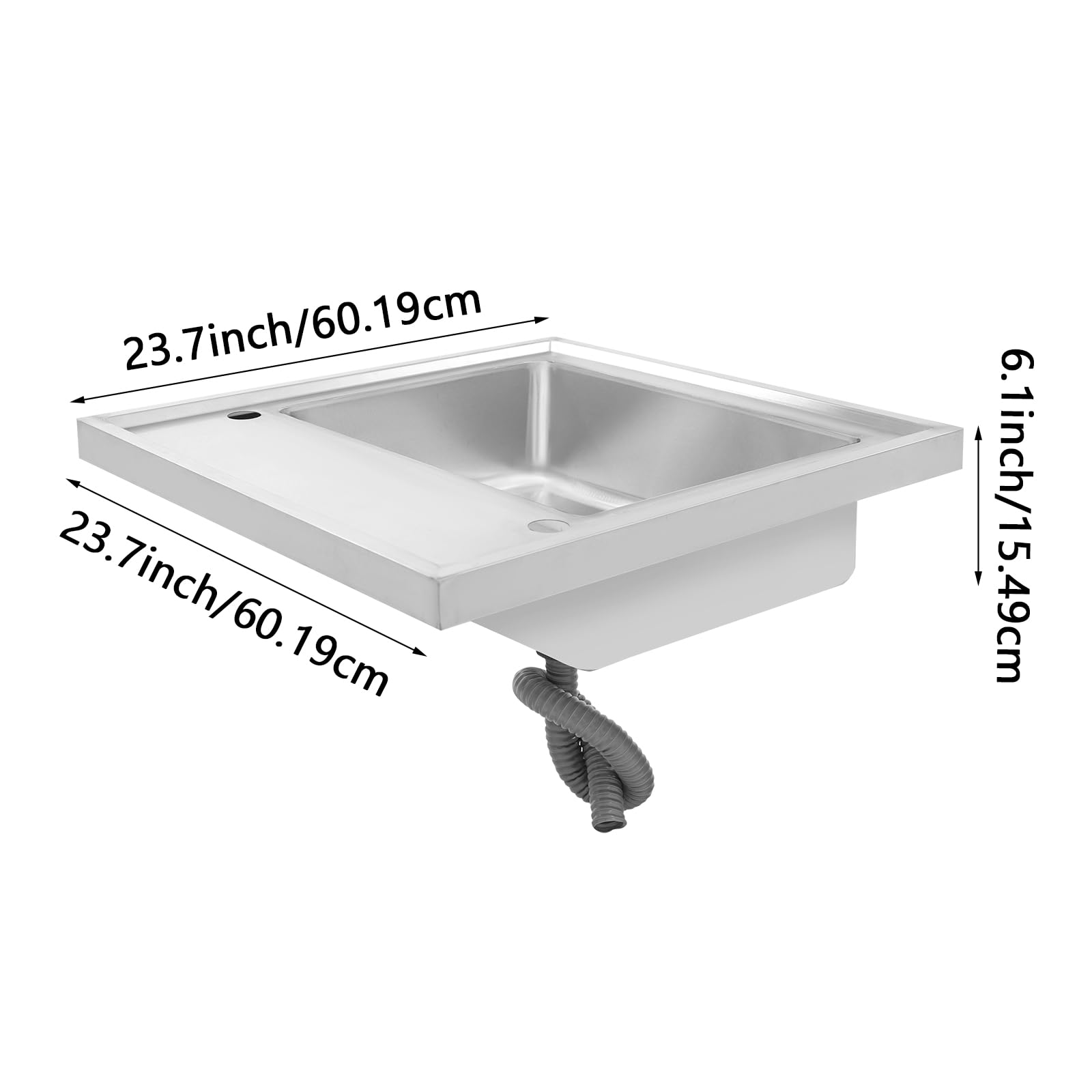 Edelstahl Spülbecken 60 cm Breit mit Abtropffläche und Abflusssieb, Silber Eckig Küche Spüle Ausgussbecken Küchenspüle,Einbauspüle Eckspüle Waschbecken, 1 Becken (60.2 * 60.2 * 15.49cm)