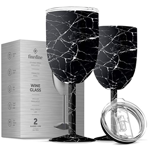 Hochwertige Weingläser aus 18/8-Edelstahl, 340 ml, doppelwandig, isoliert, unzerbrechlich, 2 Stück, mit Stiel, BPA-frei, auslaufsicherer Deckel für Rotweißwein, gebürstetes Metall Cover