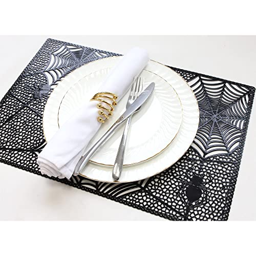 Wintop 12" ×17.5" Halloween Placemats For Dining Table, Pressed Vinyl Metallic Table Mat Holiday Décor, Set Of 6, Black Spider Web #TOP2