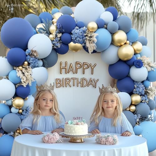 Image of Blocesa Dusty Blue Gold Balloons Arch Kit, Double Stuffed Pastel Balloon Arch Pastel Light Dark Denim Pale Blue Balloons With Blue Gold Balloons for Boy Birthday Wedding Graduation Party Decorations