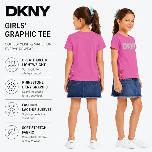 Image of DKNY Girls Shirts - Lightweight Cotton Blend Short Sleeve Crewneck Graphic Tee Cute Tops - Casual Trendy Girls Summer Clothes