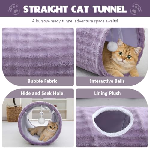 Image of Straight Bubble Cat Tunnel for Indoor Cats 47 inchx12 inch, Dusty Purple | Cute Cat Toys, Collapsible Tunnel Tube with Hanging Balls for Puppy Kitten Rabbit