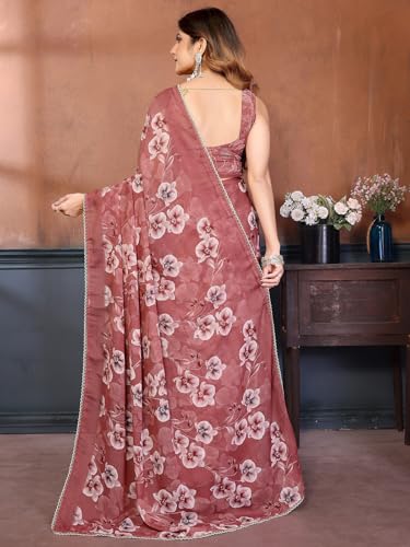 Image of Satrani Women's Georgette Floral Printed Saree with Unstitched Blouse Piece