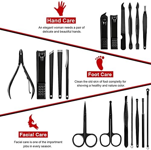 Keiby Citom Manicure Set 18pcs Professional Nail Clippers Kit Pedicure Care Tools-Stainless Steel Grooming Tools With Rose Gold PU Leather Case for Travel & Home (Black/Red)