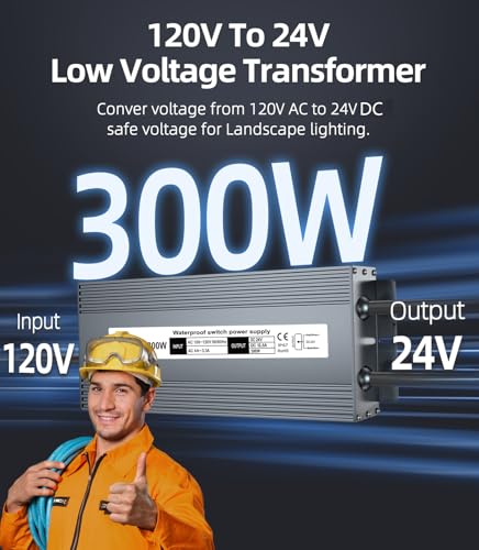 Image of Low Voltage Transformer 24V 300W, IP67 Waterproof LED Power Supply Driver, AC 100-130V to DC 24V 12.5A Converter Power Adapter for Indoor Outdoor LED Light, Computer, Landscape Lighting Project