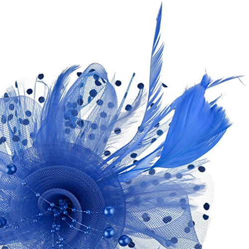 DRESHOW Fascinator Chapeau Plume Mariage Dames Day Bandeau et Clip Cocktail Tea Party Chapeau pour Fille et Femmes,Taille unique,Bleu-Blue