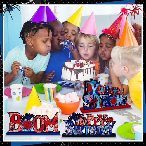 Image of Yuntau 12 Pcs Spider Bithday Party Decoraions Spider Wooden Table Decorations Red and Blue Pattem Design Happy Birthday Table Centerpiece Sign for Boy Cartoon Party Supplies