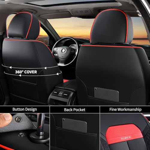 Image of FLORICH Car Seat Cover Full Sets with Waterproof Leather, Car Seat Protectors with Storage Pocket, Airbag Compatible, Universal Seat Cover Fit for SUV, Sedan, Vans, Trucks Red Line