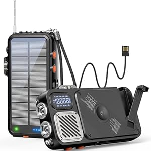 BROWEY Solar Power Bank Wireless Charger 16000mAh Built in Hand Crank and 3 Cables with Emergency Radio & Flashlight, 20W Fast Charging for Cell Phones, Portable Charger for Apple Watch