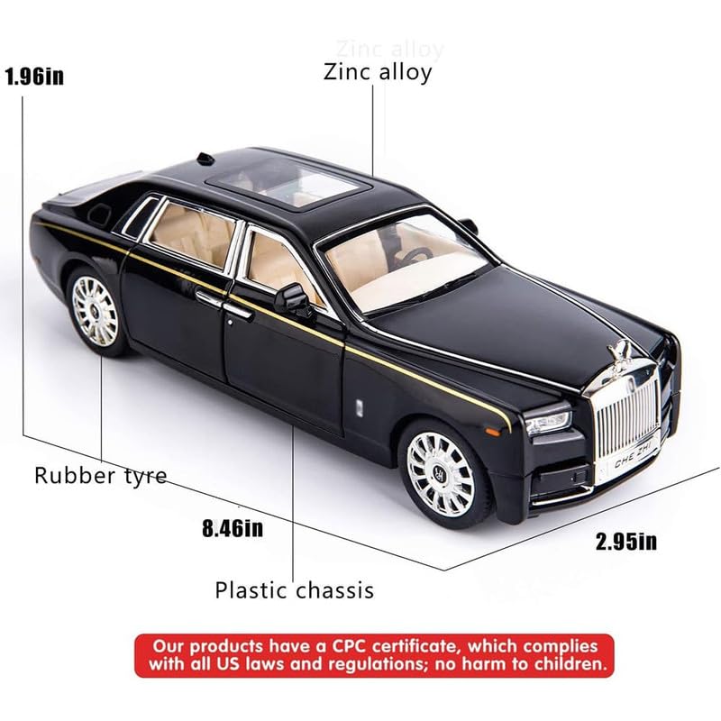 Image of Kids Model 1:24 Rolls-Royce Phantom Die Cast Metal Car Pull Back Action Opening Doors with Realistic Engine Sound Lights Toy Car Gift for Boys -Black
