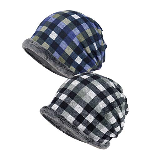 HANGNUO 2 Pack Plaid Slouchy Beanie Hiver Chapeau Écharpe Écharpe Écharpe Polaire Chaud Baggy Chapeau