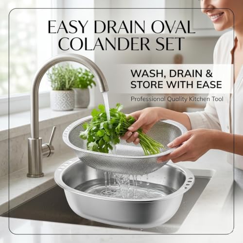 Image of Alark 2 Piece Stainless Steel Microporous Colander Mixing Bowl Set Large Vegetable & Fruit Washing Strainer Basket Rice Pasta Salad Drainer Heavy Duty Dishwasher Safe Kitchen Colander Bowl Combo