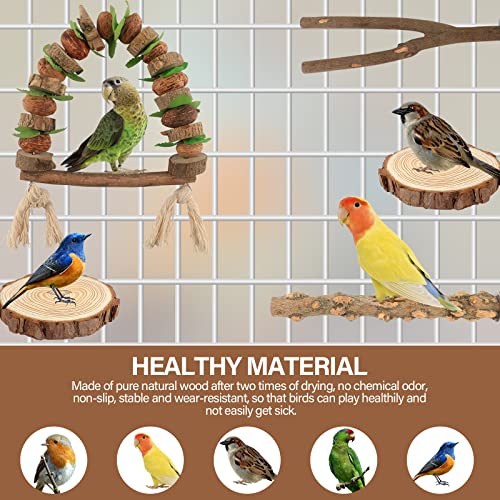 Image of 4PCS Natural Wood Bird Perch Stand - Parrot Perch Stand Training Platform Bird Perch with Hanging Swing Toys - Paw Grinding Stick & Climbing Toys for Bird Cage Accessories